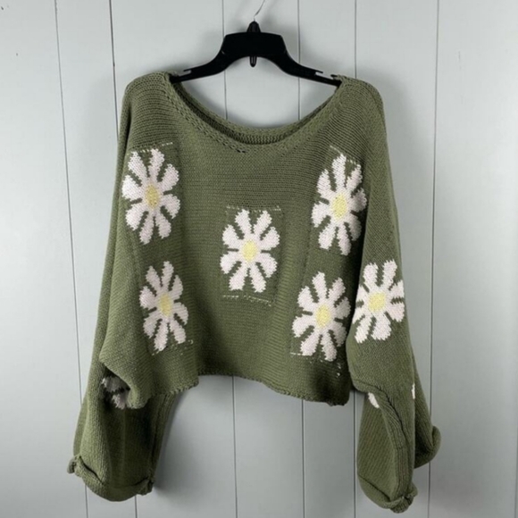 Storia, Forest/Olive Green, Retro Fall Oversize Bell Flare Daisy Sleeves Sweater - Picture 3 of 4